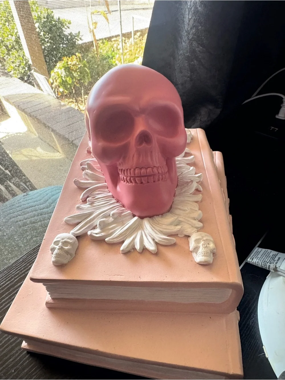 Pink Skull Book Stack magic spell book Halloween decor